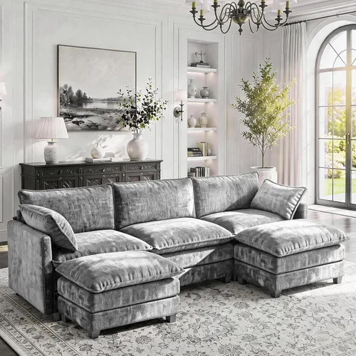 Vista 16 de LEVELEVE Sofá modular en forma de L de 112 pulgadas con 1 otomana, cama convertible de nube de asiento profundo, 3 cojines de 2 brazos, muebles Gris