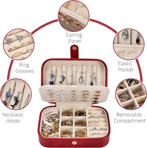 Vista 4 de Dajasan Mini estuche de viaje de joyería, caja de joyería de viaje portátil, caja organizadora de joyas de cuero pequeña para aretes, pulseras