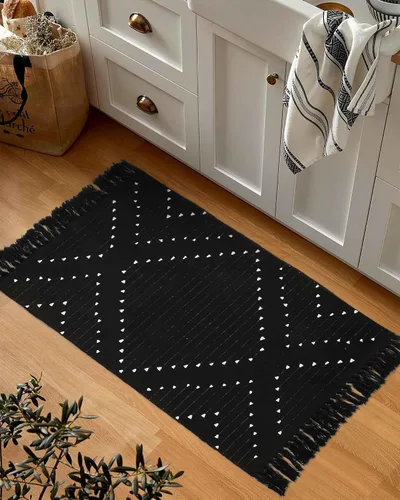 Vista 8 de LIVEBOX Alfombra de baño bohemia negra de 2x3 pies, alfombra de baño lavable, pequeñas alfombras tejidas de algodón, alfombra de área marroquí