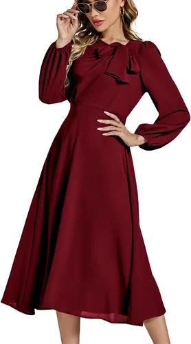 Vista 3 de LYANER Elegante vestido midi acampanado con cuello redondo y manga larga abombada para mujer