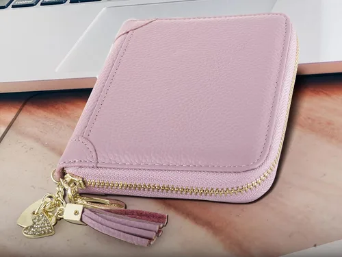 Vista 7 de Cartera con tarjetero RFID para tarjetas de crédito, de cuero, con cremallera, para mujer, 40 ranuras para tarjetas, Púrpura, Compacto