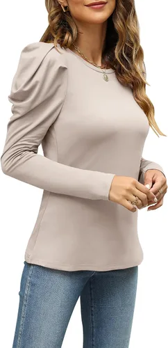 Vista 3 de Blusas casuales de manga larga abombadas para mujer, cuello redondo, ajustadas
