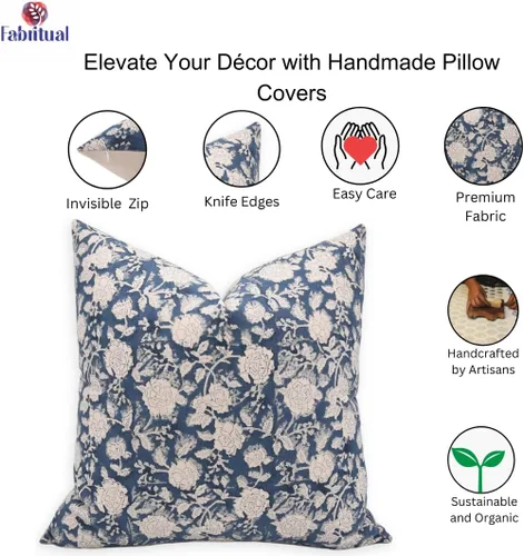 Vista 4 de Funda de cojín hecha a mano de algodón con estampado de bloques de 14 x 14 pulgadas, con cremallera oculta, temporada de otoño, para sofá, cama