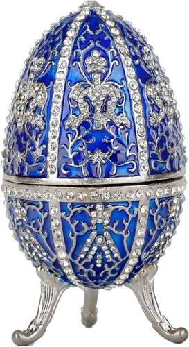 Vista 3 de Huevo de Faberge azul con más de 600 mini cristales de diamantes de imitación esmaltados de Faberge, cajas de joyería decorativas con bisagras