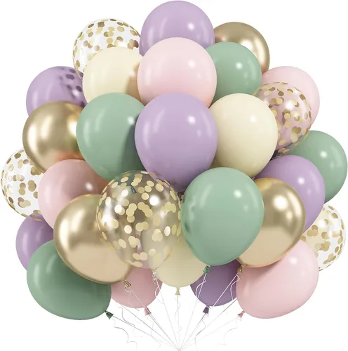 Vista 14 de Globos de color verde salvia marrón, paquete de 60 globos con estampado Verde Marrón Oro