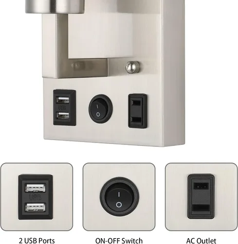 Vista 2 de BTY Juego de 2 apliques de pared modernos, lámparas de pared para dormitorio, enchufe con puertos de carga USB, apliques de enchufe de CA