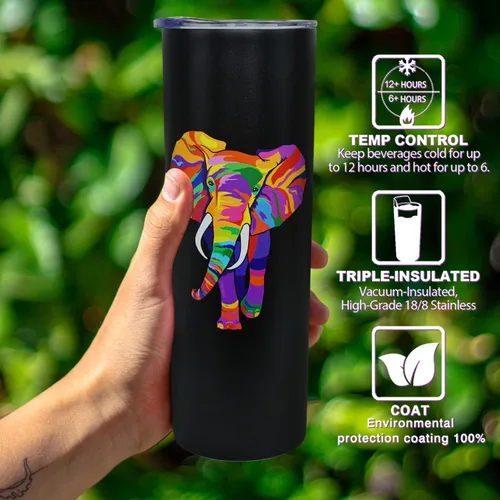 Vista 2 de Taza colorida de elefante con tapa y pajita, botella de agua delgada de 20 onzas con aislamiento térmico y taza de café, decoración bohemia, regalos