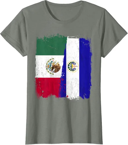 Vista 18 de Camiseta con la bandera mexicana de El Salvador con la mitad de la bandera mexicana de El Salvador