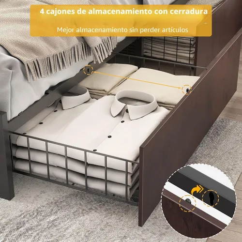 Vista 6 de Lifezone Base de cama Queen con cabecera de almacenamiento de 2 niveles, base de cama de plataforma de metal con 4 cajones de almacenamiento, Marrón
