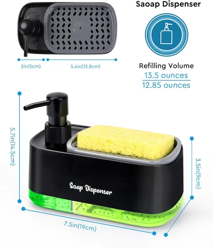 Vista 6 de Juego de dispensador de jabón para manos y platos para cocina, dispensador de jabón doble con soporte para esponja, dispensador de bomba de jabón 3