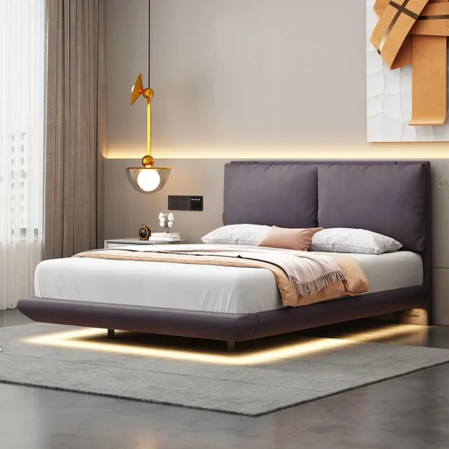 Vista 30 de Cama de plataforma flotante, marco de cama de madera tamaño individual con rayas claras, tela de lino suave y cabecera de diseño capitoné