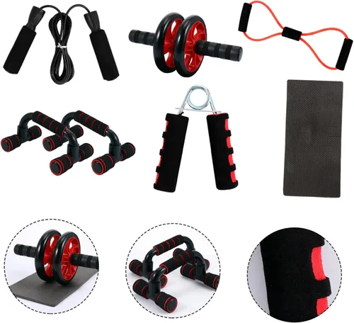 Vista 6 de Kit de rodillo de abdominales de doble rueda roja con barras de flexión, herramienta de agarre de cuerda elástica para fortalecer el núcleo