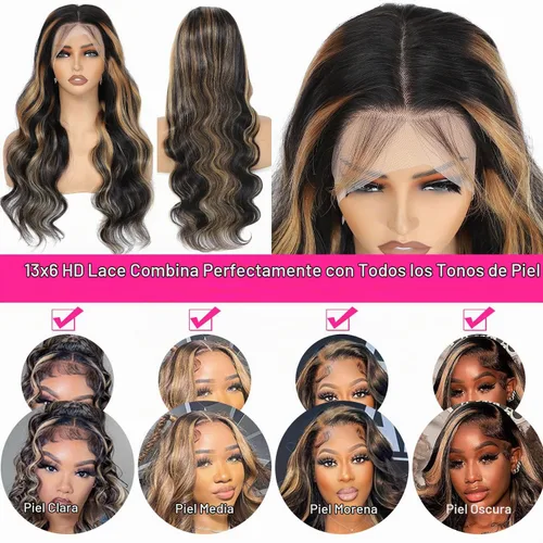 Vista 6 de Pelucas de Encaje Frontal Highlight Body Wave de Cabello Humano 1B/27 Sin Pegamento Densidad 180% 13x6 Peluca Sin Pegamento de Encaje Frontal Peluca