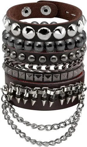 Vista 12 de Eigso Pulseras de cuero punk para hombres y mujeres, estilo retro de los años 80, hematita y rock, juego de pulseras de metal ajustables para hombre
