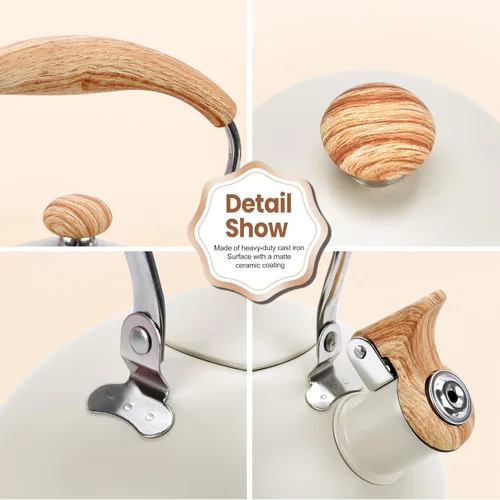 Vista 5 de Hervidor de Té Foedo para Estufa, Teteras Silbantes de 2.6 Cuartos para Estufa, Mango Plegable Resistente al Calor, Tetera Bonita (Beige)