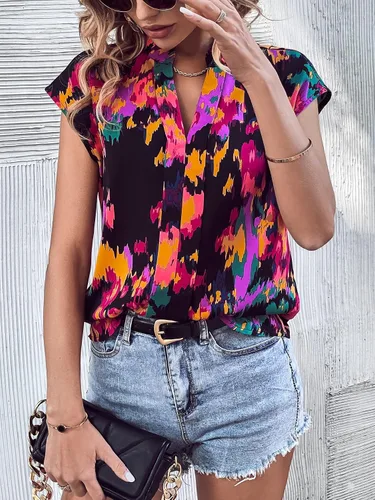 Vista 4 de MakeMeChic Blusa de manga casquillo con cuello en V y muesca para mujer