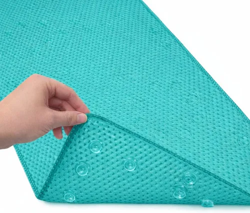 Vista 24 de Alfombra antideslizante para bañera, extragrande, de 36 x 17 pulgadas, con ventosas y orificios de drenaje, espuma suave, lavable a máquina