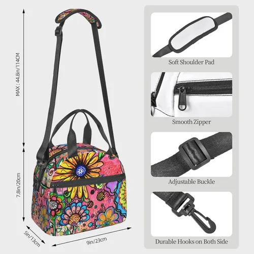 Vista 3 de Bolsa de almuerzo con diseño de flores de arte hippie reutilizable, aislada, lonchera con correa ajustable para el hombro, para oficina, trabajo