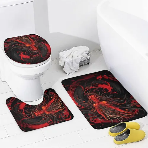 Vista 4 de Juego de 4 cortinas de ducha clásicas de dragón, animales mitológicos, criatura roja fuego, juego de baño con cortina de ducha, alfombra para tapa