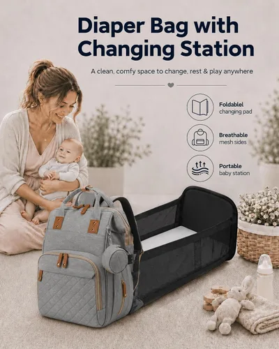 Vista 7 de houscly Mochila para pañales con cambiador: bolsas de bebé de viaje negras para niñas y niños, pañaleras para bebe, artículos esenciales para recién