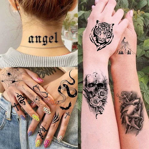 Vista 7 de Bilizar 63 hojas de tatuajes tribales temporales de lobo, león, tigre para hombres, mujeres, adultos, aterradores tatuajes temporales de calavera