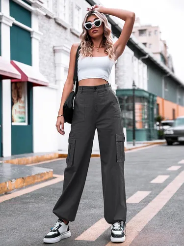 Vista 2 de ZMPSIISA Pantalones cargo de cintura alta para mujer, pantalones casuales de pierna ancha, 6 bolsillos, pantalones militares de combate