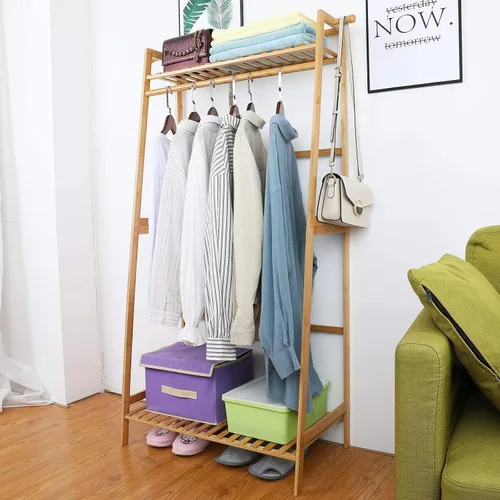 Vista 6 de Ufine Estante de ropa de bambú con estante de almacenamiento Soporte de ropa portátil para dormitorio habitación de invitados
