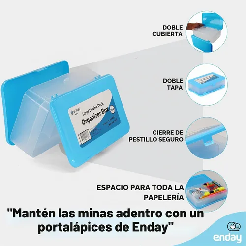 Vista 3 de Enday Caja de lápices azul, caja de plástico de gran capacidad con 12 compartimentos, caja de lápices de plástico con tapa hermética, estuche rígido