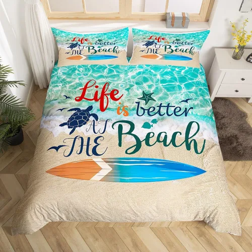 Vista 18 de Erosebridal Funda de edredón náutica para niños y niñas, juego de ropa de cama azul y blanco oceánico, funda de edredón de tabla de surf Hawaii