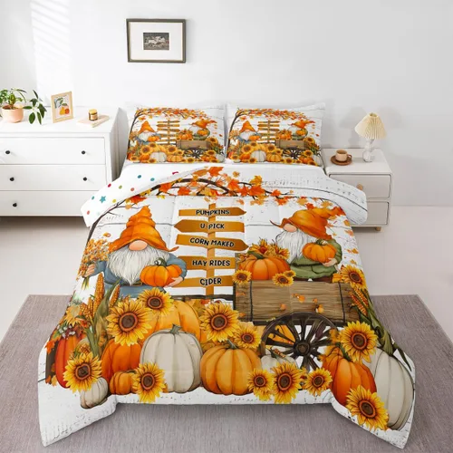 Vista 19 de Erosebridal Juego de edredón individual de pavo de Acción de Gracias, juego de ropa de cama de calabaza con hojas de otoño para niños y adultos