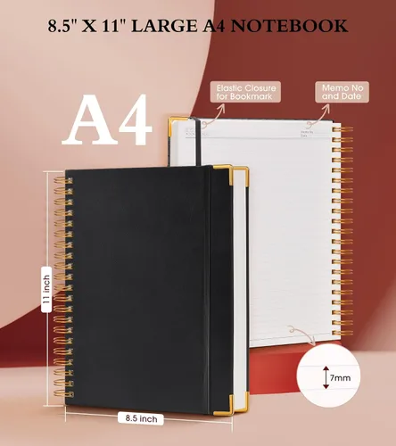 Vista 3 de Cuaderno Diario de Espiral 8.5" x 11", 300 Páginas de Tapa Dura con Forro de Cuero para Mujeres y Hombres, Cuadernos A4 Grandes con Rayas