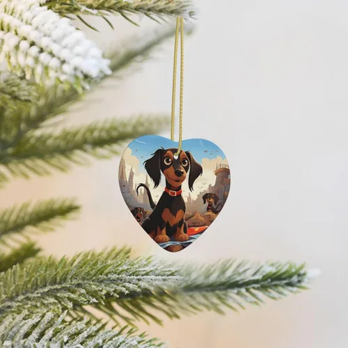 Vista 4 de I Love My Dog Dachshunds Adornos de Navidad de cerámica adorno de corazón para árbol de Navidad, corazón colgante de cerámica para árbol de Navidad