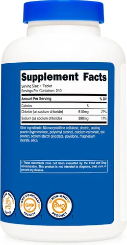 Vista 5 de Nutricost Cloruro de sodio 1000 mg, 240 tabletas - Tabletas de sal, sin OMG, sin gluten