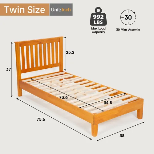 Vista 2 de PayLessHere Marco de cama de plataforma de madera, tamaño individual, marco de cama de madera maciza con cabecero, soporte de listones de madera,