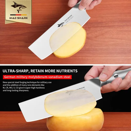 Vista 10 de MAD SHARK Cuchillo Nakiri de 7 pulgadas, cuchillo alemán ultra afilado de acero inoxidable para verduras, mango ergonómico, cuchillo de cocina