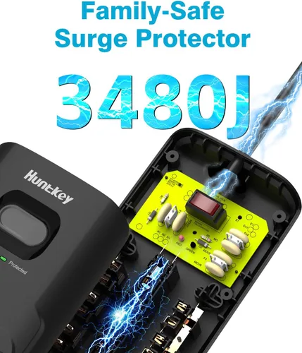 Vista 2 de Huntkey - Regleta protectora de sobretensiones (3480J), 12 salidas con 2 USB A y USB C de 20 W, carga rápida, enchufe plano de 6 pies, cable de Negro