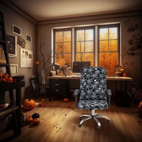 Vista 2 de Fundas para silla de oficina de Halloween, tela de araña gótica, araña espeluznante sobre tema de terror negro, funda elástica para estilo moderno