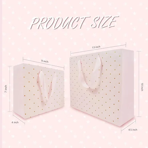 Vista 5 de Bolsas de regalo rosas con papel de seda y asas, bolsa de regalo de papel grande de 13 pulgadas y mediana de 9 pulgadas para niñas, despedidas