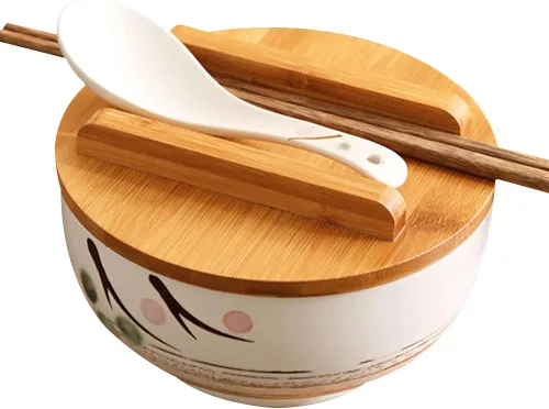 Vista 8 de WHJY Cuenco de cerámica negro con tapa, cuchara, palillos para sopa, arroz, fideos. Vajilla de estilo tradicional japonés.
