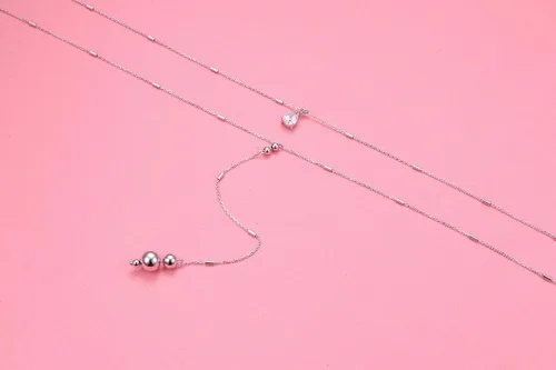 Vista 5 de Collar de doble capa de plata esterlina S925 en forma de Y Lariat collar de cadena larga para mujeres y niñas