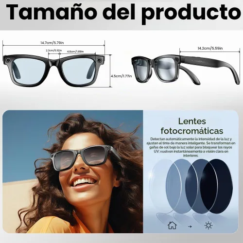 Vista 2 de AI Gafas Inteligentes, Gafas con Cámara Anti-Sacudida de 800W con Grabación de Video y Micrófono Dual, Interpretación Simultánea/Identificación