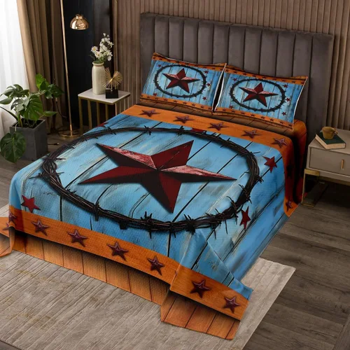 Vista 16 de Colcha acolchada rústica de Texas con estrellas del oeste de Texas para niños y niñas, color azul marino, juego de cubrecama de madera