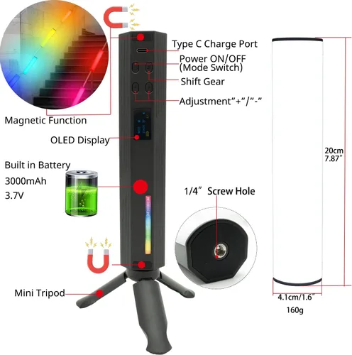 Vista 5 de Paquete de 2 varitas de luz RGB de mano W200, iluminación LED, luz de mano, luz de fotografía, Vlog con magnético CRI95+ 2500K-9000K batería