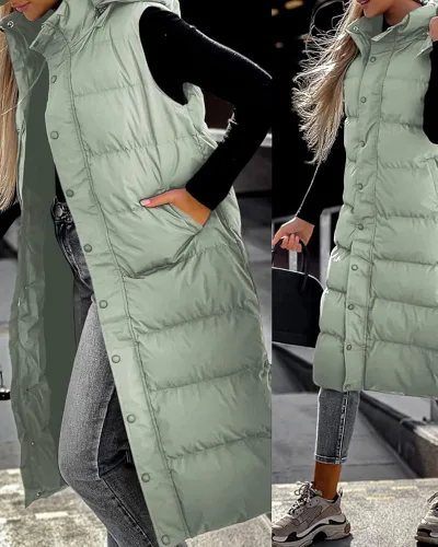 Vista 4 de Grlasen Chaleco largo acolchado con capucha para mujer, manga larga, con botones, chaleco acolchado de algodón, abrigo de invierno