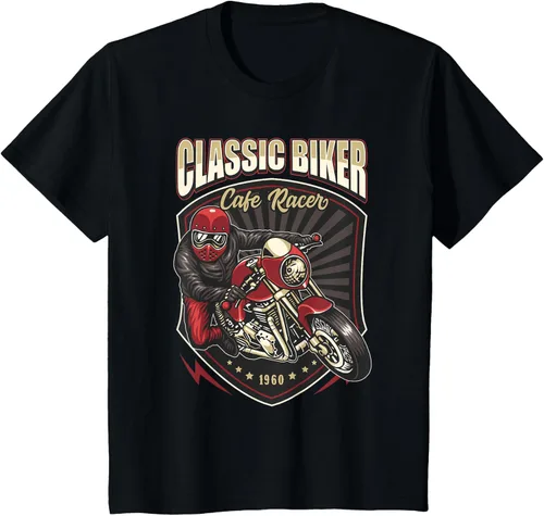 Vista 42 de Camiseta de motocicleta clásica Biker Cafe Racer para hombre, Negro, S