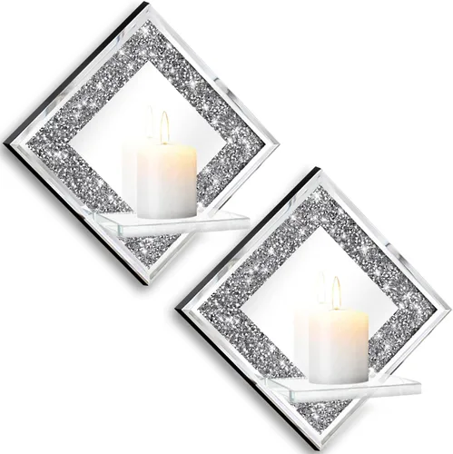 Vista 8 de ZOLAPI Juego de 2 candelabros de cristal con diamantes triturados, espléndido candelabro de pared con espejo plateado redondo, candelabros de vela