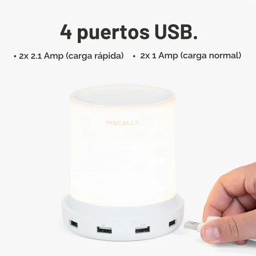 Vista 3 de Macally - lámpara LED para escritorio, mesa de luz, mesilla de noche con 4 puertos de carga USB. 3 niveles de brillo, control táctil, luz blanca