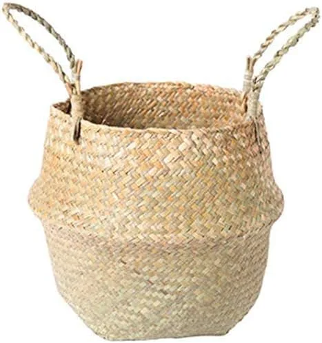 Vista 8 de INSO Cesta tejida natural para el vientre, para pícnic y comestibles. Cesta plegable de almacenamiento de algas marinas con asas para plantas Negro