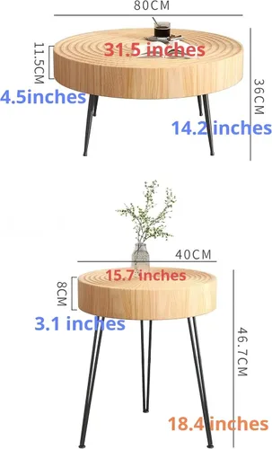 Vista 2 de Mesa de centro para sala de estar, sofá, mesa de esquina para el hogar, mesa redonda pequeña, anillos de árbol, mesa de centro de madera maciza
