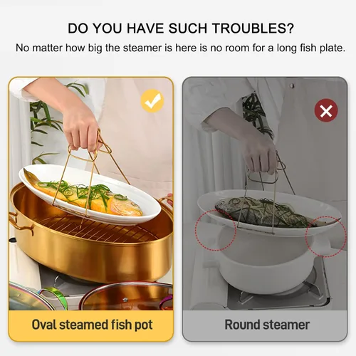 Vista 2 de Vaporizador de pescado de acero inoxidable, olla ovalada multiusos con estante, sartén de cerámica, portabrocas para cocinar pescado al vapor, sopa